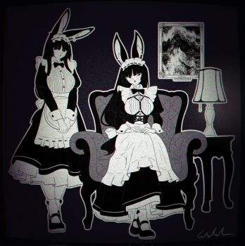 2girls animal_ears animal_nose apron armchair black_background bow bowtie breasts celebelian chair chest_harness closed_mouth collared_shirt commentary dress english_commentary full_body greyscale harness highres holding holding_tray juliet_sleeves lamp large_breasts long_hair long_sleeves looking_at_viewer maid maid_apron maid_headdress mary_janes monochrome multiple_girls original parted_bangs picture_frame puffy_sleeves rabbit_ears rabbit_girl shirt shoes simple_background sitting socks standing tray wrist_cuffs
