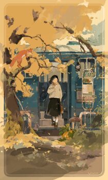 1girl animal autumn autumn_leaves bag bird black_hair black_skirt bus bus_stop bus_stop_sign falling_leaves fox handbag highres jacket lantern leaf medium_skirt motor_vehicle original outdoors pumpkin rakoshirako scarf skirt solo sparrow tree wide_shot