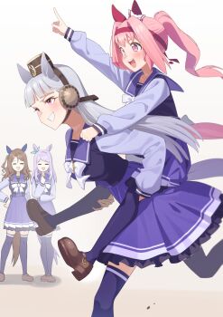 4girls absurdres animal_ears aqua_bow blunt_bangs blush bow bowtie breasts brown_hair brown_hat carrying carrying_person closed_eyes ear_bow ear_covers ear_ribbon flower-shaped_pupils flower_in_eye freely2327 gold_ship_(umamusume) green_bow grey_hair hair_between_eyes hairband haru_urara_(umamusume) hat headband highres horse_ears horse_girl horse_tail king_halo_(umamusume) long_hair long_sleeves mejiro_mcqueen_(umamusume) multiple_girls open_mouth piggyback pillbox_hat pink_eyes pink_hair ponytail purple_eyes purple_hair purple_sailor_collar purple_serafuku purple_shirt purple_thighhighs sailor_collar sailor_shirt school_uniform serafuku shirt skirt smile symbol-shaped_pupils symbol_in_eye tail teeth thighhighs tracen_school_uniform umamusume white_bow white_bowtie