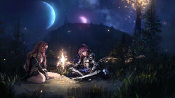 2girls absurdres arm_guards arm_support armor blue_cape breastplate cape closed_mouth commentary commission cuirass elden_ring full_body gandy_(gan3e46) gauntlets helmet henrietta_de_tristain highres knee_pads legs long_hair looking_at_another louise_francoise_le_blanc_de_la_valliere multiple_girls night open_mouth pauldrons pink_hair planet purple_hair rondel sabaton scenery shoulder_armor site_of_grace sitting star_(sky) thighs tree unworn_headwear unworn_helmet wariza zero_no_tsukaima