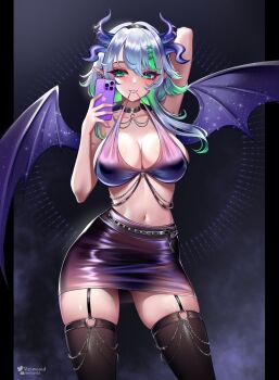 1girl absurdres apricot_the_lich arm_behind_head artist_name bikini black_choker black_hairband black_skirt black_thighhighs breasts cellphone chain choker cleavage closed_mouth clothes_in_mouth colored_inner_hair demon_girl demon_horns demon_wings discord_username ear_piercing fingernails green_eyes green_hair grey_hair hair_ornament hairband highres holding holding_phone horns iphone jewelry large_breasts long_fingernails multicolored_hair multiple_horns navel o-ring o-ring_choker o-ring_legwear_garter parted_bangs pencil_skirt phone piercing pointy_ears purple_bikini purple_horns purple_nails purple_skirt purple_wings reimundpurr sidelocks simple_background skirt smartphone smile solo sparkle standing streaked_hair swimsuit taking_picture thighhighs virtual_youtuber vshojo wings x_hair_ornament
