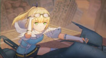 1girl adjusting_eyewear arm_up belt black_shorts blue_sweater blunt_bangs blurry blurry_background breasts building closed_mouth commentary cowboy_shot english_commentary fingerless_gloves floating_hair flowingcrescent gloves goggles goggles_on_head green_eyes heaven_burns_red highres hood hood_down light_particles light_smile long_hair looking_at_viewer medium_breasts motor_vehicle motorcycle nanase_nanami_(heaven_burns_red) official_alternate_costume official_alternate_hairstyle on_motorcycle outdoors ponytail ribbed_sweater ruins short_sleeves shorts sidelocks sitting solo split_mouth sweater thighhighs white_gloves white_thighhighs yellow_belt zettai_ryouiki