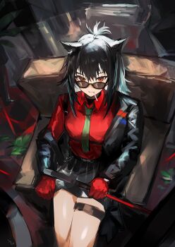 1girl absurdres animal_ears arknights black_hair closed_mouth collared_shirt commentary_request hair_between_eyes highres holding long_sleeves looking_at_viewer medium_hair mouth_hold off_shoulder official_alternate_costume orange_eyes partial_commentary red_shirt shirt sitting solo sudadachi sunglasses texas_(arknights) texas_(willpower)_(arknights) thigh_strap wolf_ears wolf_girl