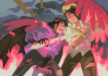 Rule 34 | :d, alternate costume, bat wings, black hair, black skin, black wings, blood, blood from mouth, burning, claws, clenched teeth, collared shirt, colored skin, crazy grin, demon horns, feathered wings, fire, hair bun, han sooyoung, holding, holding sword, holding weapon, horns, jung heewon, looking at another, nemomosso, omniscient reader's viewpoint, open mouth, pants, pink blood, pink eyes, pink wings, shirt, short hair, smile, spread legs, sword, teeth, torn clothes, torn pants, torn wings, weapon, white shirt, wings