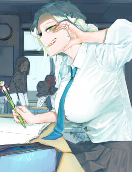 2boys 2girls aqua_hair aqua_necktie breasts classroom commentary_request doctor_(shady_research_report) fish_girl from_side green_eyes grin half-heart_hands highres holding holding_pencil huge_breasts kim_junsu korean_commentary looking_at_viewer mechanical_pencil middle_finger multiple_boys multiple_girls necktie notebook open_mouth pencil pencil_case pleated_skirt school_uniform shady_research_report shirt sitting skirt smile sunlight unusually_open_eyes white_shirt yangmal_jelly