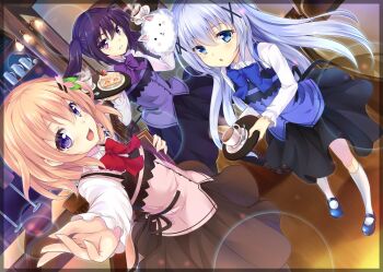 3girls :d angora_rabbit apron bar_(place) black_pantyhose black_skirt blue_apron blue_bow blue_eyes blue_hair blurry bokeh border bow breasts brown_skirt cake cake_slice cup depth_of_field dot_nose dutch_angle flower food gochuumon_wa_usagi_desu_ka? hair_flower hair_ornament hair_tie hairclip highres holding holding_tray indoors light_blush long_hair long_sleeves looking_at_viewer medium_eyebrows multiple_girls open_mouth pantyhose pink_apron purple_apron purple_bow purple_eyes purple_skirt rabbit rabbit_house_uniform red_bow second-party_source skirt small_breasts smile socks soramochi spoon standing strawberry_shortcake teacup teeth tippy_(gochiusa) tray twintails welcoming white_socks x_hair_ornament
