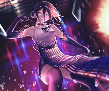 1girl apron blue_eyes chainsaw_man choker collared_shirt dynamite elbow_gloves explosive gloves hair_between_eyes hair_bun highres kuzuko0503 neck_ribbon purple_apron purple_choker purple_gloves purple_hair purple_ribbon purple_shorts purple_thighhighs reze_(chainsaw_man) ribbon shirt shorts sleeveless sleeveless_shirt solo thighhighs white_shirt
