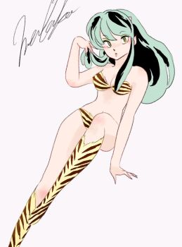 1girl animal_print aqua_hair bikini boots breasts commentary cone_horns full_body highres horns knee_boots long_hair looking_at_viewer lum mendako_da navel pointy_ears print_bikini print_boots sidelocks signature solo swimsuit tiger_print urusei_yatsura