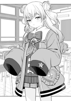 Rule 34 | 1girl, blush, bow, bowtie, cardigan, classroom, closed mouth, commentary request, cowboy shot, crossed bangs, desk, double bun, gradient hair, greyscale, hair bun, half-closed eyes, highres, hololive, indoors, jacket, light frown, long hair, looking at viewer, miniskirt, momosuzu nene, momosuzu nene (casual), monochrome, multicolored hair, neckerchief, official alternate costume, open clothes, open jacket, outside border, plaid clothes, plaid neckerchief, plaid skirt, pleated skirt, rainna, sailor collar, school desk, skirt, sleeves past fingers, sleeves past wrists, solo, two side up, virtual youtuber