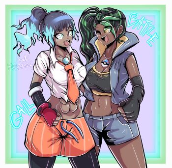 2girls abs artist_name black_hair blue_eyes blue_hair breast_press breasts chest_jewel commentary cosplay costume_switch crossover dark-skinned_female dark_skin english_commentary fingerless_gloves futurexhope gloves gradient_background graffiti green_eyes green_hair highres large_breasts multicolored_hair multiple_girls necktie nemona_(pokemon) nintendo one_eye_closed open_mouth pokemon pokemon_sv ponytail purple_background sena_(xenoblade) shorts single_glove smile two-tone_hair vest xenoblade_chronicles_(series) xenoblade_chronicles_3