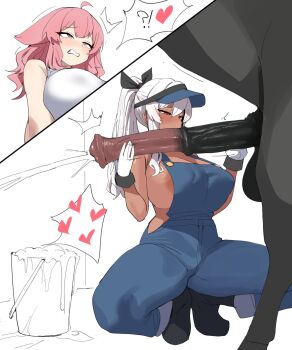 !? 1futa 1girl ^^^ animal_penis areola_slip breasts centaur centauress clenched_teeth cum cum_in_bucket cum_in_container dark-skinned_female dark_skin ejaculation erection futa_with_female futanari handjob heart highres horse horse_penis huge_breasts huge_penis light_blush looking_at_penis medium_hair monochrome_background monster_girl penis penis_milking ponytail red_eyes source_request spoken_heart spoken_interrobang squatting taur teeth testicles visor_cap white_hair xipa