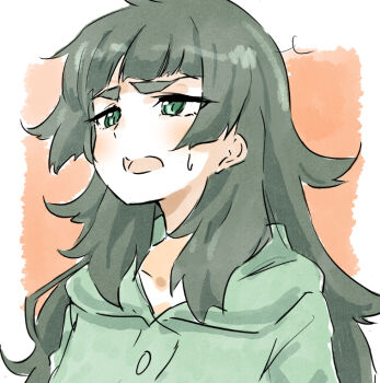 1girl blunt_bangs coat collarbone commentary_request green_coat green_eyes green_hair hiyajou_maho long_hair messy_hair nervous_sweating open_mouth sadarann science_adventure solo steins;gate steins;gate_0 sweat winter_clothes