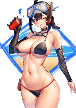 1girl ;d absurdres ahoge alternate_costume bikini black_bikini black_choker black_gloves black_hair blush breasts choker cleavage collarbone elbow_gloves explosive fishnet_sleeves fishnets gloves goggles goggles_on_head grace_howard grenade hair_between_eyes highres holding holding_grenade large_breasts long_hair looking_at_viewer navel nicchi one_eye_closed open_mouth orange_eyes ponytail single_elbow_glove skindentation smile snorkel solo stomach swim_goggles swimsuit thighs toned toned_female wet zenless_zone_zero