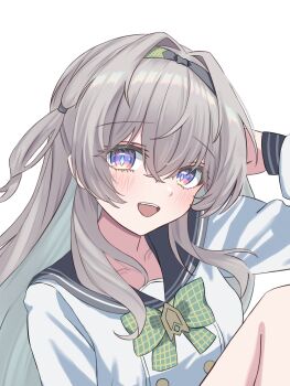 1girl black_hairband blush bow bowtie checkered_bow checkered_bowtie checkered_clothes collared_shirt firefly_(honkai:_star_rail) firefly_(spring_missive)_(honkai:_star_rail) gradient_eyes gradient_hair green_bow green_bowtie grey_hair grey_sailor_collar hair_between_eyes hair_intakes hair_tubes hairband highres honkai:_star_rail honkai_(series) long_hair multicolored_eyes multicolored_hair open_mouth rn_(rena) sailor_collar shirt simple_background smile solo teeth upper_teeth_only white_background white_shirt