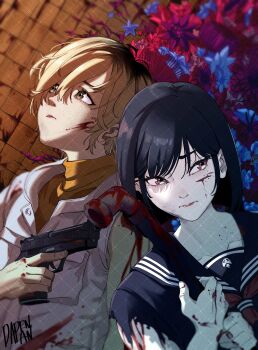 Rule 34 | 2girls, absurdres, black hair, bleeding, blonde hair, blood, blood on clothes, dapenpan, gun, heather mason, highres, holding, holding gun, holding weapon, in-franchise crossover, lead pipe, looking to the side, looking up, multiple girls, sailor collar, school uniform, shimizu hinako, short hair, silent hill (series), silent hill 3, silent hill f, torn clothes, torn sleeves, upper body, weapon