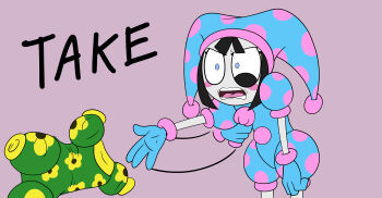 1girl absurdres angry annoyed black_hair blue_bodysuit blue_eyes blunt_bangs blush_stickers bodysuit clenched_teeth clothes_grab constricted_pupils desperation english_text eye_twitch frown gloves hat hat_bell highres hm_artist jester jester_cap motion_lines multicolored_eyes open_mouth pink_eyes pink_polka_dots polka_dot pom_pom_(clothes) pomni_(the_amazing_digital_circus) puffy_short_sleeves puffy_sleeves short_sleeves solo teeth the_amazing_digital_circus two-tone_eyes undressing unworn_clothes