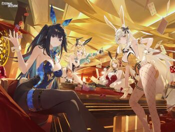 4girls abigail_(black_survival) abigail_(poker_face)_(black_survival) absurdres animal_ear_fluff animal_ears apple arm_garter arm_support armpits artist_request ass bare_legs bare_shoulders bent_over black_gloves black_hair black_hairband black_leotard black_survival blonde_hair blue_eyes blue_hair blue_leotard blue_nails bow bowtie breasts brown_pantyhose card chair check_artist cleavage closed_mouth clothing_cutout colored_inner_hair cropped_jacket crossed_legs cutout_above_navel dartboard detached_collar dice eternal_return:_black_survival expressionless fake_animal_ears fake_tail feather_boa fishnet_pantyhose fishnets food frown fruit gloves gold_trim gradient_gloves green_jacket hair_bow hair_ornament hairband hairclip halterneck hand_on_own_hip hand_up high_heels highleg highleg_leotard highres holding holding_money huhi_(huhi_1211) jacket jenny_sinclair jenny_sinclair_(queen_of_hearts) jewelry large_breasts legs leotard long_hair looking_at_viewer medium_breasts money multicolored_hair multicolored_jacket multiple_girls nail_polish nicky_blake nicky_blake_(bad_beat) off_shoulder official_alternate_costume official_art one_eye_closed open_clothes open_jacket open_mouth orange_eyes orange_jacket outstretched_arm pantyhose parted_bangs partially_fingerless_gloves playboy_bunny playing_card poker_chip poker_table ponytail rabbit_ears rabbit_tail red_leotard rio_(black_survival) rio_(winning_shot)_(black_survival) shirt side-tie_leotard sitting sleeveless sleeveless_shirt spaghetti_strap standing strapless strapless_leotard streaked_hair table tail thigh_strap thighlet thighs twintails twisted_torso two-tone_hair two-tone_jacket undershirt v-shaped_eyebrows very_long_hair white_gloves white_hair white_shirt wrist_cuffs yellow_leotard