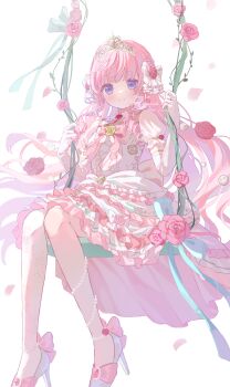 1girl absurdres blush bow bowtie closed_mouth commentary_request commission crown dress elbow_gloves frilled_dress frills full_body gloves high_heels highres himeno_aimu indie_virtual_youtuber long_hair looking_at_viewer myon_rio on_swing pantyhose pink_bow pink_bowtie pink_hair pink_shoes purple_eyes shoes short_sleeves simple_background sitting skeb_commission smile solo swing virtual_youtuber watermark white_background white_dress white_gloves white_pantyhose