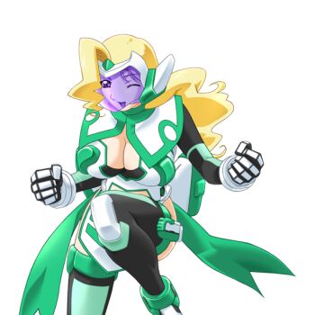 1girl armor blonde_hair breasts cleavage face_shield game_cg gan-chan_(artist) hitozuma_sentai_aisaiger large_breasts large_variant_set long_hair magical_girl mecha_musume non-web_source official_art one_eye_closed open_mouth purple_eyes saiger_lily smile solo sophie_andrea_yukitou thighhighs transparent_background variant_set