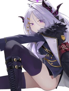 1girl absurdres ahoge armband ass black_boots black_coat black_halo black_skirt black_thighhighs blue_archive blush boots coat coat_on_shoulders commentary_typo demon_girl demon_horns hair_ornament hairclip halo hashtag-only_commentary highres hina_(blue_archive) horns lizard0221 long_hair looking_at_viewer purple_eyes red_armband simple_background sitting skirt solo thighhighs thighs white_background white_hair