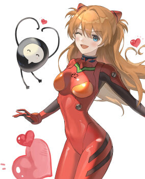Rule 34 | 1girl, angel (evangelion), ass, berryberi0 0, blue eyes, blush, bodysuit, breasts, brown hair, chibi, hair between eyes, hair ornament, heart, highres, jumping, long hair, looking at viewer, looking back, mecha pilot suit, neon genesis evangelion, one eye closed, open mouth, plugsuit (evangelion), red bodysuit, sachiel (evangelion), simple background, skin tight, skindentation, smile, solo, souryuu asuka langley, two side up, white background, wide hips, wink