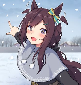 +_+ 1girl :d aqua_bow blue_sky blush bow brown_hair capelet commentary_request ear_bow grey_capelet highres horse_girl long_hair looking_at_viewer mejiro_dober_(umamusume) open_mouth outdoors purple_eyes sky smile snow solo takiki umamusume