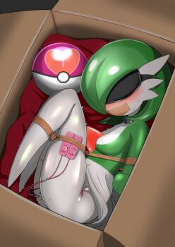 1girl arms_behind_back bdsm blindfold blush bob_cut bondage bound bound_arms bound_legs box breasts cardboard_box colored_skin controller covered_eyes female_focus from_above full_body gag gardevoir gen_3_pokemon green_hair green_skin hair_over_one_eye highres improvised_gag in_box in_container legs_together love_ball lying medium_breasts multicolored_skin nintendo no_feet nose_blush object_insertion on_side poke_ball pokemon pokemon_(creature) pussy_juice remote_control remote_control_vibrator rope saijo_toichi sex_toy shiny_skin short_hair solo sweat tape tape_gag trembling two-tone_skin vaginal vaginal_object_insertion vibrator vibrator_cord white_skin