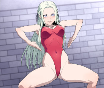 1girl alternate_costume armpits bare_arms blonde_hair blush breasts brick_wall cleavage commentary_request covered_navel edelgard_von_hresvelg fire_emblem fire_emblem:_three_houses gluteal_fold groin hai_(h81908190) haigure_pose hair_ribbon highleg highleg_leotard komaneci leotard long_hair looking_at_viewer medium_breasts nintendo one-piece_swimsuit purple_eyes red_leotard red_one-piece_swimsuit ribbon smile solo spread_legs swimsuit thighs white_hair