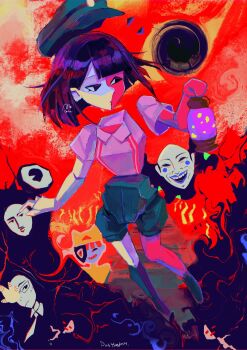 1boy 3girls 3others black_eyes black_hair blunt_bangs blunt_ends bob_cut clown_(ena) colored_skin commentary coral_glasses ena:_dream_bbq ena_(dream_bbq) ena_(series) ena_(species) floating_head froggy_(ena) hat highres holding low_poly meanie_ena multicolored_skin multiple_girls multiple_others open_mouth psychedelic red_skin shirt short_sleeves smile solo_focus split-color_skin surreal symbol-only_commentary taski_maiden_(ena) teeth two-tone_skin usagimarumei