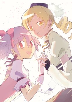 Rule 34 | 2girls, absurdres, awapontasu, back cutout, black gloves, blonde hair, breasts, clothing cutout, commentary request, detached sleeves, drill hair, fingerless gloves, gloves, hat, highres, interlocked fingers, kaname madoka, kaname madoka (magical girl), mahou shoujo madoka magica, mahou shoujo madoka magica (anime), medium breasts, multiple girls, open mouth, pink eyes, pink hair, puffy short sleeves, puffy sleeves, short sleeves, smile, tomoe mami, tomoe mami (magical girl), twin drills, twintails, white gloves, yellow eyes