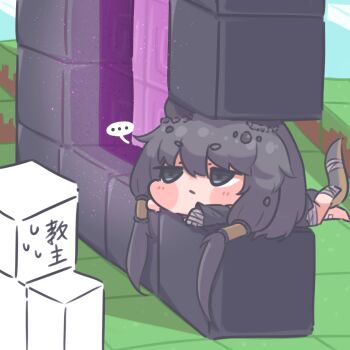 ... 1girl 1other bandaged_hand bandaged_leg bandages black_eyes black_hair block_(minecraft) blush_stickers chai_chai_huishi chibi chinese_commentary commentary_request dragon_girl dragon_horns dragon_tail expressionless hair_tubes horns jitome kidian_(trickcal) leader_(trickcal) minecraft minecraft_(style) nether_portal spoken_ellipsis sweatdrop tail trickcal