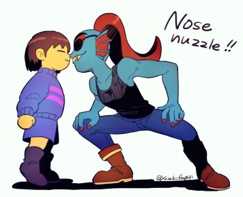 1girl 1other =_= black_tank_top blue_pants blue_skin boots brown_boots brown_hair closed_eyes colored_skin eyepatch fins frisk_(undertale) full_body head_fins noses_touching pants purple_sweater red_hair red_nails sharp_teeth short_hair simple_background standing sweater tank_top teeth tiptoes undertale undyne utdr_(toby_fox) white_background yellow_skin yuzuki_v
