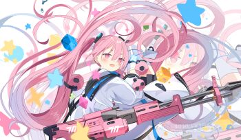 Rule 34 | 1girl, absurdres, black skirt, blue archive, blush, character name, commentary, cross-shaped pupils, dice, fang, force (fossan 01), gun, halo, highres, jacket, koyuki (blue archive), long hair, long sleeves, m60 (machine gun), machine gun, miniskirt, open mouth, pink eyes, pink hair, pink halo, skin fang, skirt, solo, star (symbol), symbol-shaped pupils, thighhighs, twintails, very long hair, weapon, white jacket, white thighhighs