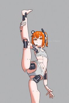 1girl a.i._voice adachi_rei android barefoot closed_mouth commentary grey_background grey_panties grey_sports_bra highres joints kanbaru_mitsuki leg_up looking_at_viewer one_side_up orange_eyes orange_hair panties revision robot_joints simple_background solo split sports_bra standing standing_on_one_leg standing_split underwear untranslatable_commentary utau