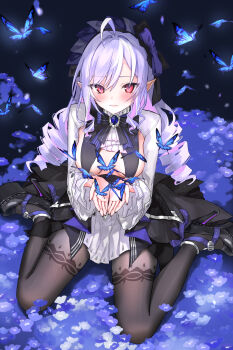 1girl absurdres ahoge ascot black_nails black_pantyhose blue_butterfly blush bow bowtie breasts bug butterfly commentary_request devil_heavens drill_hair flower gem hands_up high_heels highres insect long_hair long_sleeves looking_at_viewer mole mole_under_eye multicolored_hair pantyhose patterned_legwear pointy_ears purple_ascot purple_bow purple_bowtie purple_flower purple_gem purple_hair red_eyes shrug_(clothing) sideboob_cutout sitting solo streaked_hair vivian_banshee wariza white_shrug zenless_zone_zero