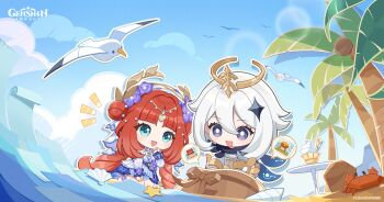 2girls absurdres aqua_eyes bird blue_eyes blue_sky blunt_bangs bright_pupils chibi cloud coconut_tree commentary crab day dot_nose double_bun dress english_commentary genshin_impact grey_hair hair_bun hair_ornament halo highres lens_flare long_hair long_sleeves looking_down medium_hair multiple_girls nilou_(breeze_of_sabaa)_(genshin_impact) nilou_(genshin_impact) official_art open_mouth outdoors paimon_(genshin_impact) palm_tree puffy_long_sleeves puffy_sleeves red_hair seagull sky smile spoken_object star_(symbol) tree very_long_hair vision_(genshin_impact) white_pupils