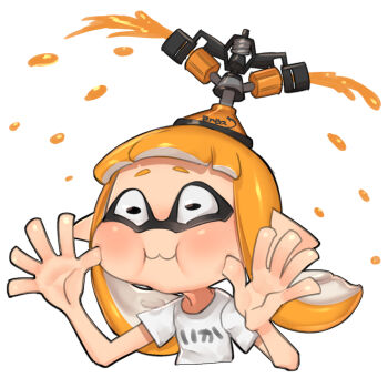 1girl :3 black_eyes blunt_bangs blush cheek_bulge closed_mouth clothes_writing constricted_pupils cropped_torso female_focus flat_chest forehead hands_up ink inkling inkling_girl inkling_player_character long_hair making_faces nintendo object_on_head orange_hair pointy_ears puchiman puffy_cheeks shirt short_sleeves sidelocks simple_background solo splatoon_(series) sprinkler sprinkler_(splatoon) suction_cups tentacle_hair tentacles twintails upper_body white_background white_shirt