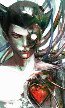 Rule 34 | 1boy, absurdres, atom (tetsuwan atom), determined, hair horns, highres, kyezzzz, mechabare, mechanical heart, power cord, solo, spiked hair, tetsuwan atom, upper body