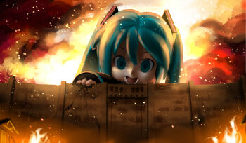 Rule 34 | 1girl, aqua eyes, aqua hair, burning, burning building, crossover, destruction, embers, female focus, fire, giant, hatsune miku, highres, mikudayo, open mouth, otaku (artist), parody, shingeki no kyojin, smile, solo, twintails, vocaloid, wall