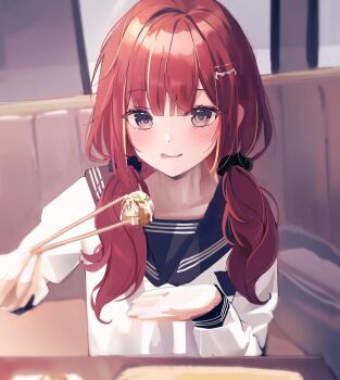 1girl akane_lize bibi_(1vua1ways2) black_scrunchie blue_sailor_collar chopsticks closed_mouth commentary english_commentary fang food food_request green_eyes hair_ornament hair_over_shoulder hair_scrunchie hairclip highres holding holding_chopsticks indoors licking_lips long_hair long_sleeves looking_at_viewer low-tied_long_hair mole mole_under_eye multicolored_hair parted_bangs red_hair sailor_collar sailor_shirt school_uniform scrunchie shirt skin_fang solo stellive streaked_hair tongue tongue_out virtual_youtuber white_shirt