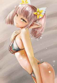 Rule 34 | 1girl, bikini, capcom, cattleya (monster hunter), female focus, flower, game cg, hair flower, hair ornament, looking at viewer, monster hunter (series), monster hunter frontier, pink hair, pointy ears, slit pupils, smile, solo, swimsuit, tagme, yellow eyes, zi-dabu