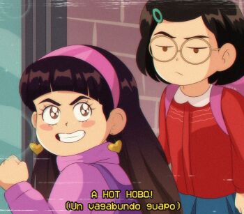 1990s_(style) 1boy abby_(turning_red) animification black_hair brenni_murasaki disney earrings faux_retro_artstyle glasses jewelry looking_at_viewer meilin_lee multiple_girls open_mouth overalls pixar purple_overalls retro_artstyle shirt short_hair turning_red