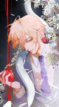 Rule 34 | 1boy, absurdres, ambiguous red liquid, apple, black background, blonde hair, blue eyes, blue jacket, chinese commentary, closed mouth, commentary request, ensemble stars!, falling feathers, feathers, flower, food, fruit, hair between eyes, highres, holding, holding food, holding fruit, jacket, lapels, light particles, long sleeves, looking at viewer, male focus, necktie, notched lapels, profile, purple necktie, red flower, red rose, rose, seigaiha, shirt, short hair, sideways glance, smile, snake, snake wrapped around body, solo, tenshouin eichi, thoordinary, upper body, white feathers, white flower, white rose, white shirt, white snake