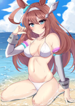 Rule 34 | 1girl, ahoge, animal ears, bare shoulders, beach, bikini, blue eyes, blue sky, blush, breasts, brown hair, cloud, collarbone, commentary request, detached sleeves, grey hairband, grey sleeves, hair between eyes, hairband, highres, horse ears, horse girl, large breasts, long hair, looking at viewer, mihono bourbon (umamusume), nanao (naoekaki25), navel, no tail, ocean, outdoors, silver hairband, sky, solo, stomach, swimsuit, umamusume, water, white bikini