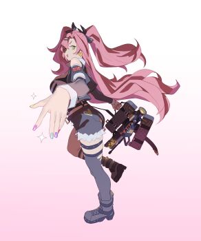 Rule 34 | 1girl, absurdres, aragiken, black ribbon, black shoes, black shorts, breasts, cleavage, clothing cutout, cutoffs, earrings, from side, full body, fur-trimmed shorts, fur trim, gradient background, green eyes, hair ornament, hairclip, heart, heart earrings, highres, holding, holding weapon, jewelry, large breasts, long hair, looking at viewer, micro shorts, mole, mole under eye, multicolored nails, nicole demara, open mouth, pink background, pink hair, ribbon, shoes, shorts, shoulder cutout, single thighhigh, solo, sparkle, standing, standing on one leg, strapless, thighhighs, torn clothes, torn thighhighs, tube top, two side up, weapon, white background, white tube top, zenless zone zero