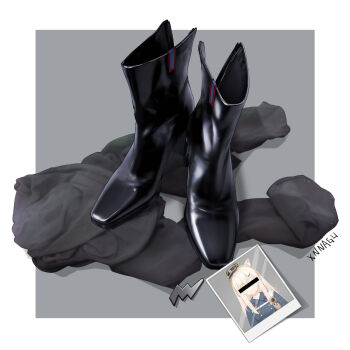 1girl animal_ears artist_name bar_censor black_footwear black_pantyhose boots border censored censored_identity grey_background hat high_heel_boots high_heels highres holding holding_photo horse_ears horse_girl long_hair no_humans outside_border pantyhose photo_(object) simple_background unworn_boots white_border white_hair xnnagu