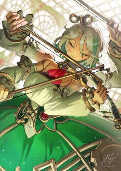 1girl absurdres arm_up artist_name bare_shoulders bow_(music) cecilia_immergreen cecilia_immergreen_(1st_costume) closed_eyes colored_inner_hair corset detached_sleeves doll_joints double-parted_bangs extra_arms gold_trim green_corset green_hair green_skirt green_streaks grey_hair hair_between_eyes highres holding holding_bow_(music) holding_instrument holding_violin holojustice hololive hololive_english instrument joints khoaphan96 long_skirt multicolored_hair music neck_ribbon playing_instrument red_ribbon ribbon short_hair signature skirt smile solo streaked_hair violin virtual_youtuber watermark winding_key window