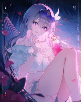 1girl absurdres alternate_costume black_hairband bracelet commentary_request cup earrings falling_petals firefly_(honkai:_star_rail) grey_hair hairband heart heart-shaped_eyewear highres holding holding_cup honkai:_star_rail honkai_(series) jewelry knees_up long_hair looking_at_viewer midriff night night_sky off-shoulder_shirt off_shoulder open_mouth palm_tree petals purple_eyes shirt sitting sky smile solo takimii tree viewfinder white_shirt