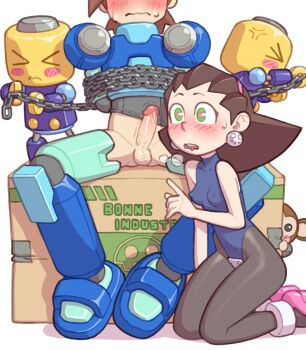 1boy 1girl bdsm blush bondage bound box brown_hair capcom chain closed_eyes covered_erect_nipples darkbot drooling erection heart heart-shaped_pupils highres kneeling leotard looking_at_penis mega_man_(series) mega_man_legends_(series) mega_man_volnutt nipples penis penis_awe penis_out servbot_(mega_man) sweat symbol-shaped_pupils testicles tied_up tron_bonne_(mega_man) uncensored wavy_mouth