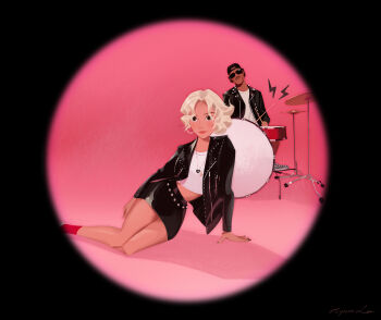 Rule 34 | 1boy, 1girl, apt. (rose &amp; bruno mars), black jacket, black nails, black skirt, blonde hair, bruno mars, commentary, crop top, drum, drum set, drumsticks, facial hair, hand on ground, hat, highres, holding, holding drumsticks, instrument, jacket, jewelry, korean commentary, leather, leather jacket, leepix x, looking at viewer, mustache, necklace, red socks, rose (blackpink), shirt, sidelocks, sitting, skirt, socks, sunglasses, untranslatable commentary, white shirt